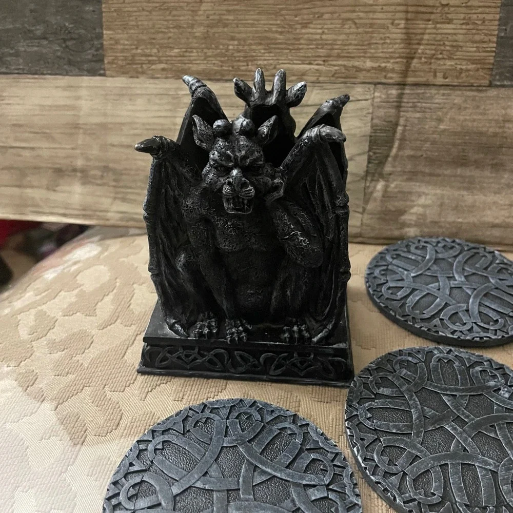 Gargoyle Gathering Coaster Set Gothic Celtic Knot Resin Stone Finish 5 Piece Set